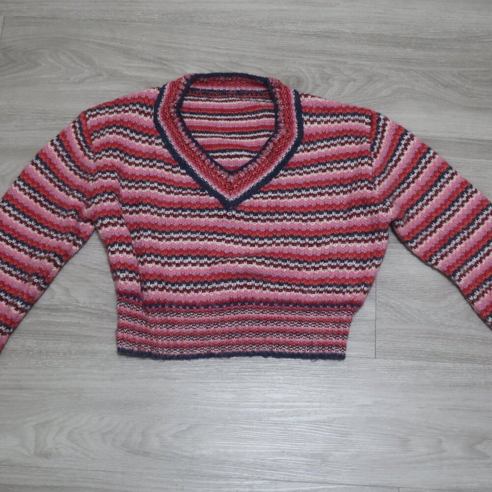 Pink Striped Thick Chunky Knit V-Neck Sweater S EUC